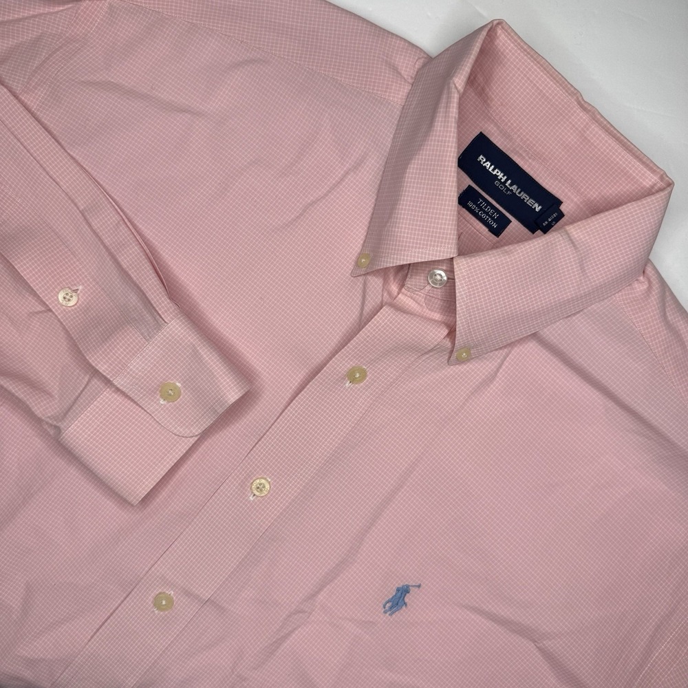 Vintage Ralph Lauren Golf Tilden Shirt Men's Large Pink Plaid Long Sleeve Button